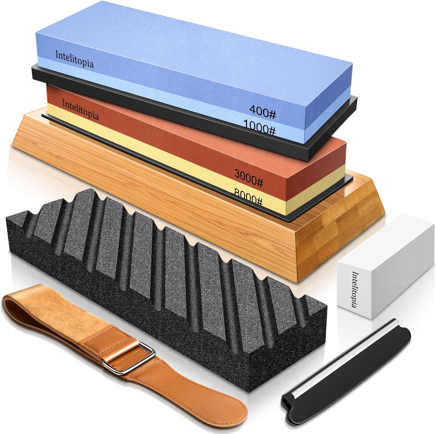 Intelitopia complete knife sharpening stone set with dual grit whetstones